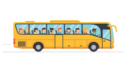 A vibrant yellow tour bus carries diverse passengers along a road depicted as a flat silhouette high quality professional detailed modern elegant © rabbivay