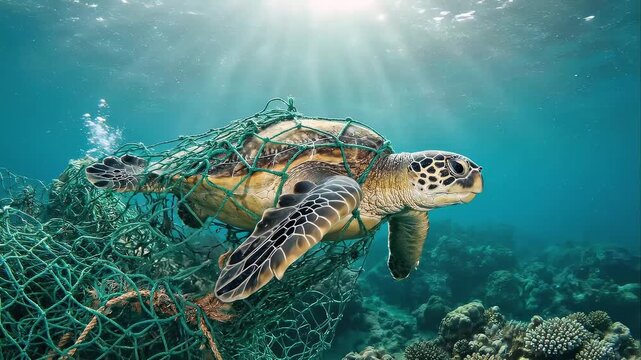 Trapped sea turtle struggling in abandoned fishing net underwater, symbolizing ocean pollution, marine life danger, environmental crisis, plastic waste, and wildlife conservation issues