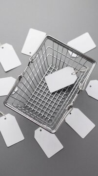 Shopping Basket Flat Lay With Blank Price Tags Retail Sale Promotion