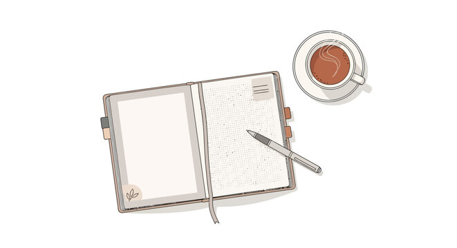 An open notebook with a pen and a cup of coffee on a table, viewed from above