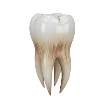 A detailed view of a single human tooth with visible roots and crown structure