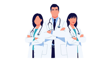 Medical Team of Three: A determined medical team of three, composed of a doctor and two assistants, stands confidently, exuding trust and professionalism in healthcare setting. © FARHANA