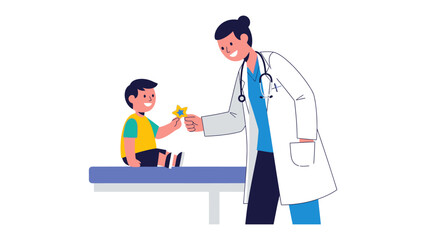 Fototapeta premium A Kindred Gesture: A compassionate doctor extends a delicate flower to a cheerful child during a medical consultation, offering reassurance and fostering a bond of trust and care.