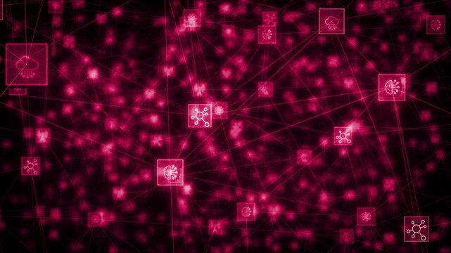 Magenta red color glowing nodes connected by lines digital document and cloud storage futuristic design black technology 3D background