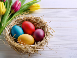 Obraz premium Four colorful Easter eggs inside a straw nest with fresh tulips on a white rustic wooden background. Bright spring holiday composition with copy space for greetings and festive designs.