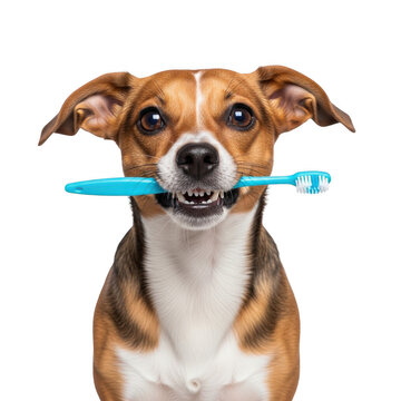 A cheerful dog playfully brushing its teeth with a blue toothbrush