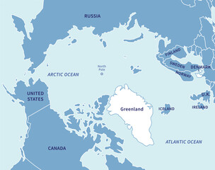 Fototapeta premium Countries around North Pole. Simple Political Map in Blue colours with White Greenland. United States, Canada, Russia, Iceland, Ireland, UK, Denmark and Scandinavian Countries. Vector illustration