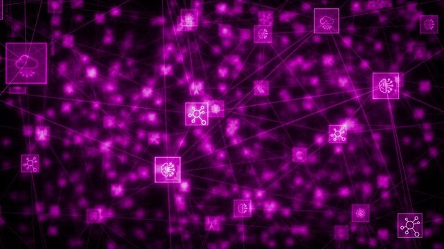 Pink color glowing nodes connected by lines digital document and cloud storage futuristic design black technology 3D background