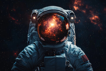 An astronaut observes the glow of the universe reflected in their visor, where colorful nebulas and stars dance, representing the infinity of possibilities in space exploration.