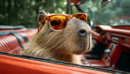 Cool capybara wears sunglasses in red convertible car. This furry rodent enjoys sunny ride, looking relaxed and stylish. Animal adventure in retro auto, exploring nature with attitude and flair