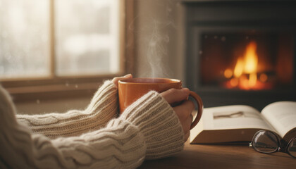 Cozy home rituals include holding warm cup by fireplace while reading book, creating peaceful and comforting atmosphere indoors