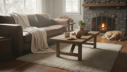 Cozy home living room with warm fireplace and soft rug creating peaceful rituals for relaxation and comfort in stylish rustic setting