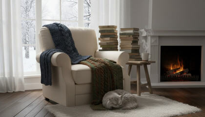Cozy home interior with comfortable armchair, warm knitted blankets, sleeping cat, and fireplace creating peaceful rituals in winter