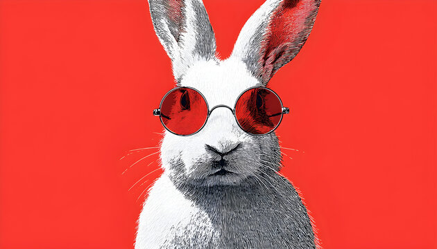 White rabbit wears sunglasses against red background. This cool bunny illustration has a unique style and vibrant colors, perfect for summer themes and graphic design