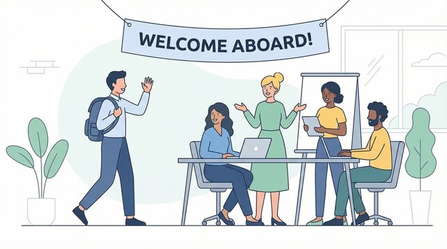Diverse Business Team Welcoming New Employee to Office with 'Welcome Aboard' Banner