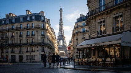 Fototapeta premium a couple walking down a street in front of the eiff tower