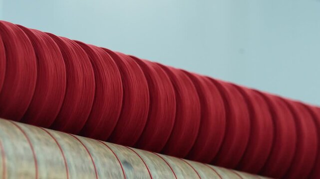 Red corrugated flexible hose and beige pipe placed side by side in close-up shot