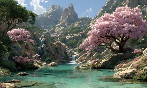 Quiet river valley in spring with flowering trees, smooth rock formations and distant sunlit mountain ridge