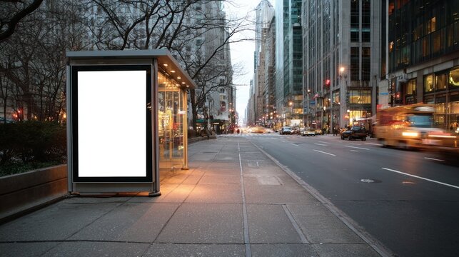 Blank advertising billboard at a busy city street corner with motion blurred traffic passing by