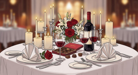Romantic dinner setup with candles wine and roses on a white tablecloth in a restaurant