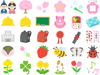 いろいろな、春シーズンアイコンのイラストセット