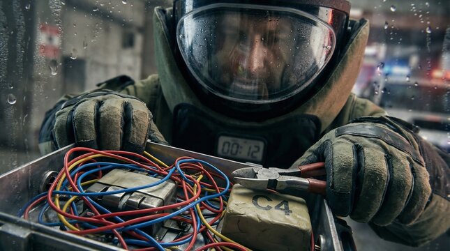 Highly skilled bomb disposal expert carefully cutting wires on explosive device, tense atmosphere, digital illustration, cinematic lighting, hyper-realistic rendering.