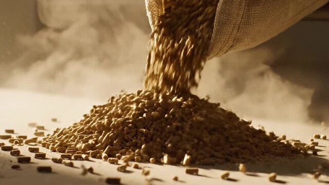 Golden granules pouring from sack on light surface, slow motion, agricultural feed, livestock farming, sunlight dust, high detail 4k video, farming industry, animal feed production