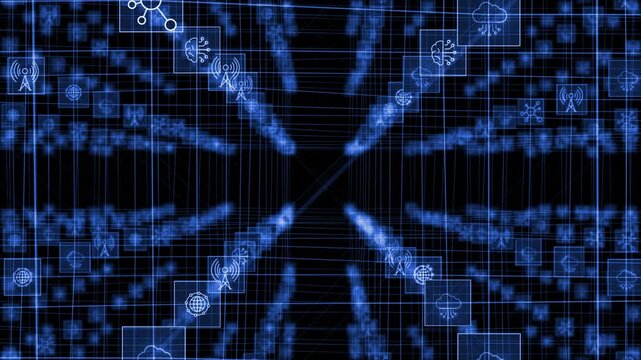 Royal blue color glowing nodes connected by lines digital document and cloud storage futuristic design black technology 3D background