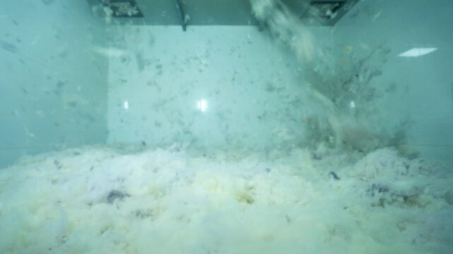 Underwater scene with white flocculent particles floating dynamically in blurred motion