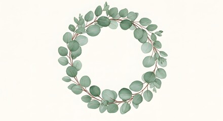 Obraz premium A circular wreath composed of eucalyptus leaves and stems set against a neutral backdrop