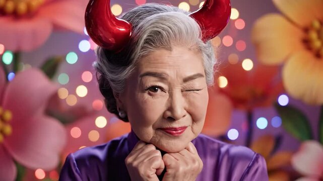 Elderly Woman Wearing Red Devil Horns.