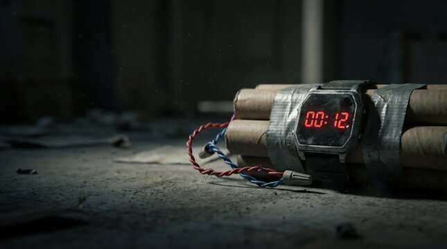 Imminent threat concept with digital timer and generic explosives, dark gritty texture, cinematic tension and suspense, hyperrealistic AI artwork.