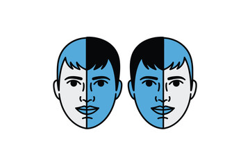 Cartoon face with contrasting blue and white halves and black hair
