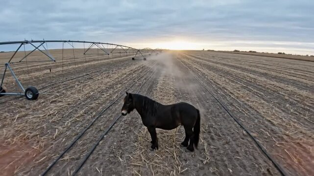 Black horse standing in agricultural field with irrigation system during sunset, calm rural landscape, dry straw on soil, cloudy sky, peaceful atmosphere, nature, farming, countryside, solitude, seren