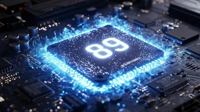 A closeup of a computer chip on a motherboard with the number 89 illuminated in blue
