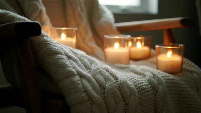 An inviting armchair with a cream cable-knit blanket embodies the perfect Cozy Home Decor, gently bathed in soft Amber Candlelight Glow, creating a serene atmosphere for ultimate relaxation.