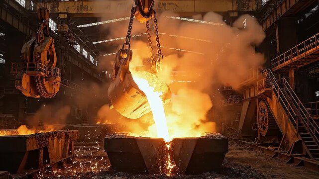 Heavy machinery pouring molten metal during intense industrial foundry casting operation
