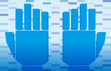 グラデーション効果も付けて青の色をベースにたくさんの長方形を境界線で区切りグリッド状の背景に角ばったロボットのような手を配置してデジタル、コンピューター、データ、テクノロジー等のワードをイメージしてデザインしたイラストの画像、装飾物、壁紙、テクスチャのグラフィックの素材