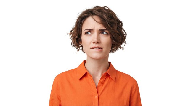 Portrait of a concerned young woman with short brown hair biting her lip while looking away anxiously on transparent background