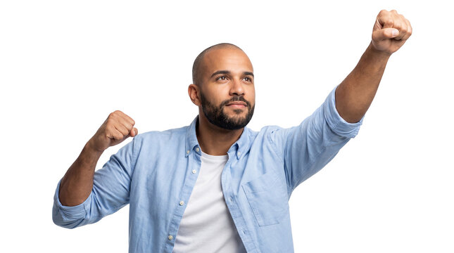 Determined confident man with dark beard raising both fists high into the air signaling strong achievement and powerful victory on transparent background