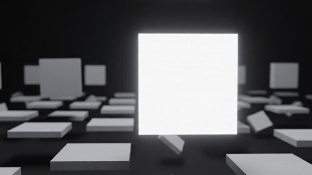 Abstract composition of floating geometric shapes on a dark background