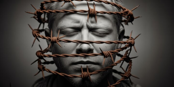 Surreal portrait of man with closed eyes wrapped in barbed wire symbolizing pain confinement mental health struggle and emotional trauma