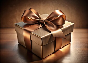 Elegant, neutraltoned gift packaging featuring a sturdy beige box adorned with a luxurious bronze ribbon tie