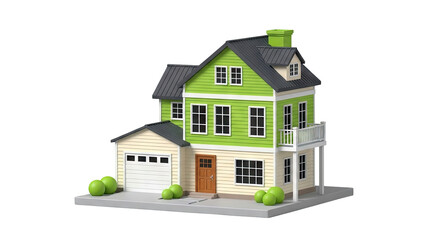 Cartoon-style green and beige two-story house with garage
