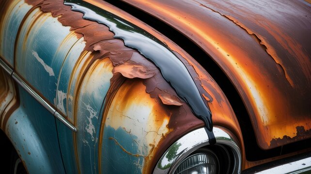 Rustic abstract closeup of vintage car fender with peeling paint and heavy rust texture in warm orange blue and teal colors
