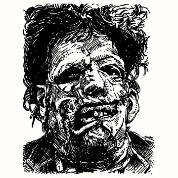 Intense Close-up Portrait of Leatherface from Texas Chainsaw Massacre, Vintage Engraved Horror Movie Villain Illustration