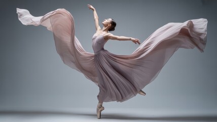 Elegant ballet dancer in flowing dress performing grand jet&Atilde;&copy; against grey studio background graceful motion and feminine beauty