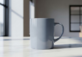Obraz premium Gray ceramic mug on a white countertop in a modern kitchen