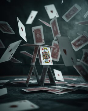 Falling playing cards and fragile house of cards in dramatic dark lighting symbolizing risk failure instability and business collapse