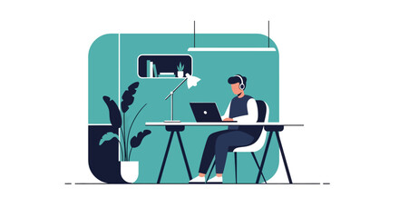 Man working on laptop in modern office setting.